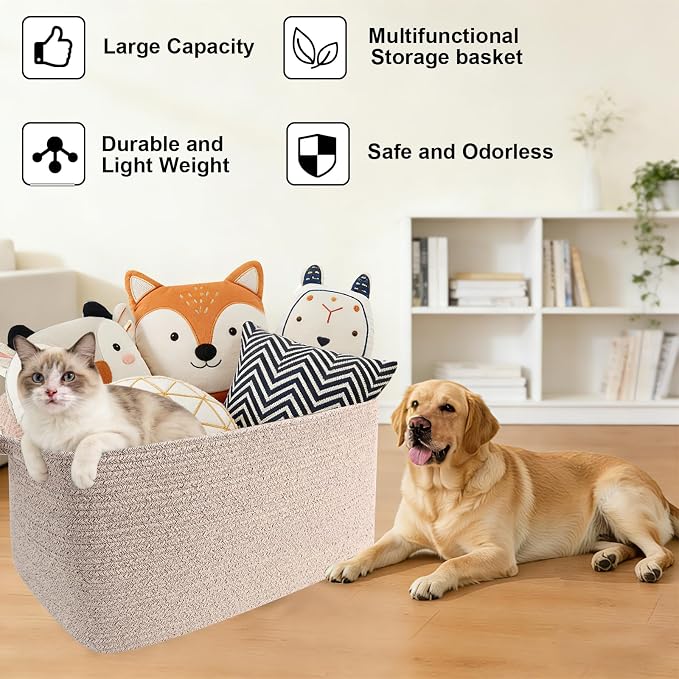 65L Collapsible Woven Rope Laundry Basket with Handles,Brown | 21x16x12 Foldable Rectangular Blanket Basket for Toys, Clothes & Pillows,Ideal for Nursery, Bathroom, Bedroom, Living Room