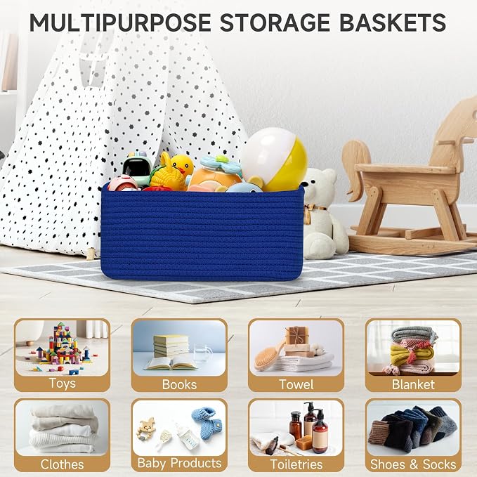 3-Pack Small Storage Baskets for Organizing | Woven Shelf Toy Basket | Rope Baskets for Gifts Empty | Closet Organizer Bins with Handles | Cube Decorative Box | 11.8×7.8×5.1” | Klein Blue
