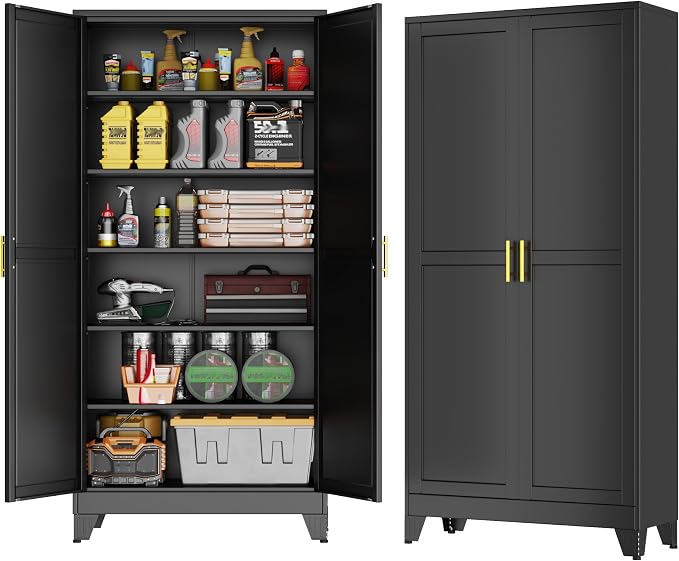 GAIOUS 75'' Tall Metal Garage Storage Cabinet, File Cabinet with 2 Doors and 5 Adjustable Shelves, Black Outdoor Steel Tool Cabinets for Home Office,Warehouse,Garage