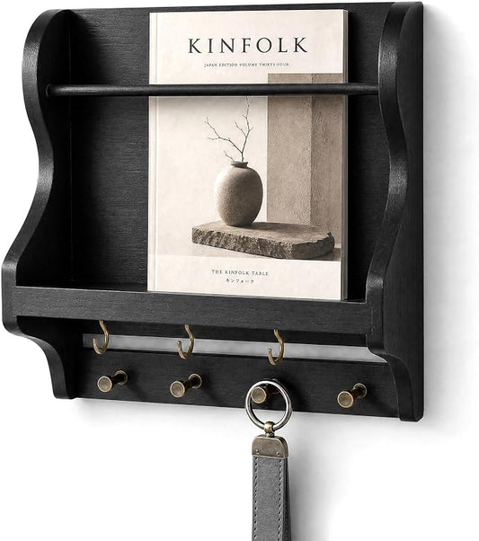 Pine Wood Mail Organizer Wall Mount with 7 Key Hooks for Home Decor, Black | Mail Holder for Wall, Key Hanger for Keys and Wallets, Magazine Holder for Paper, Bill Storage, Apartment Rustic Aesthetic