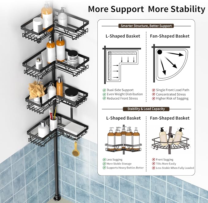 KEGII Corner Shower Caddy Tension Pole - Shower Tension Rod Organizer, Floor to Ceiling Shower Caddy 25-114.2 inch, Towel Rack Corner Waterproof, Black | 28 Hooks with Soap and Razor Holders, Heavy Duty 4-Tier Shelves for Family Bathtubs and Renters, A...