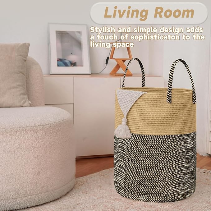 JMvicyroam 100L Cotton Rope Laundry Basket Hamper, Brown and Black | Collapsible laundry basket, reinforced handles, freestanding, machine washable, holds 3-5 thick blankets, clothes or toys