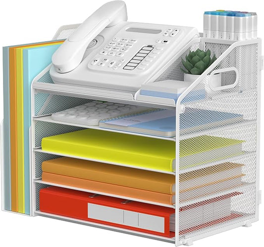 DocNest 5 Tier Metal Mesh Desk File Organizer with Phone Shelf, White | Desktop letter tray sorter features a 9.1x9.1 inch top phone holder, built-in sticky note compartment and pen holder