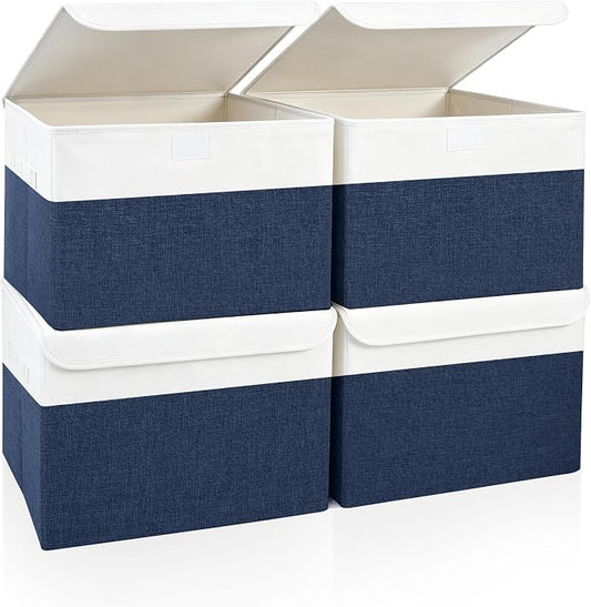 Bagnizer Large 22 Quart Linen Fabric Foldable Storage Bin Cube Organizer Basket with Flip-Top Lid & Handles, Clothes Blanket Box for Home, Office, Closet, Navy Blue & White, 4 Pack 14.6 x 9.5 x 9.5