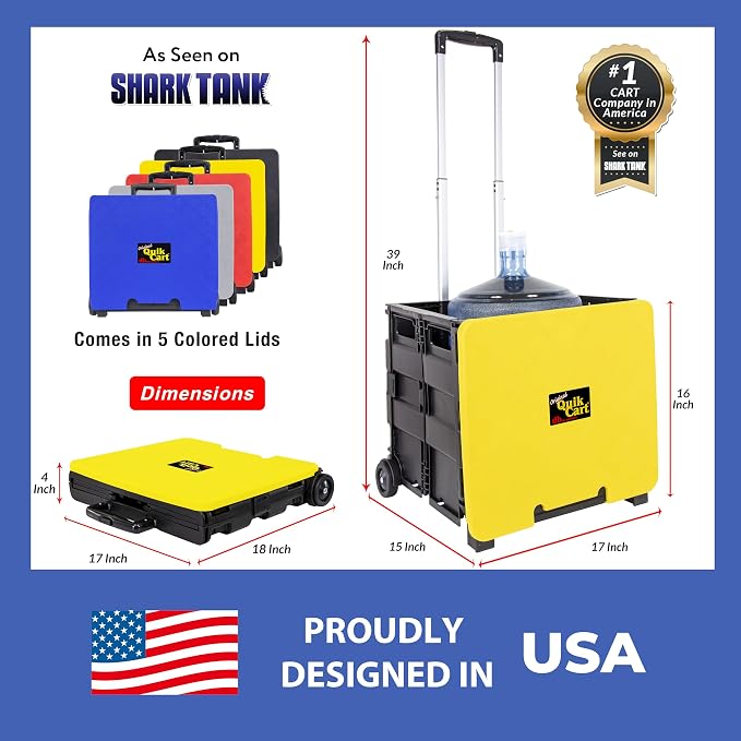 dbest Products Quik Cart Standard Collapsible Rolling Crate - Yellow Lid | with Wheels, Roll Up to 80 lbs Capacity, Heavy Duty Plastic Construction, Telescoping Handle, Foldable Utility Cart