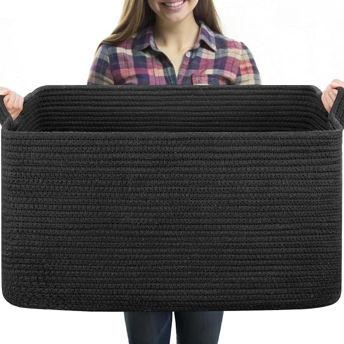 OIASKET 70L Large Blanket Basket, 21.6" x 16.9" x 11.8" Woven Storage Basket for Living Room, Nursery Blanket Storage for Toys, Towels, Dirty Clothes (Black)