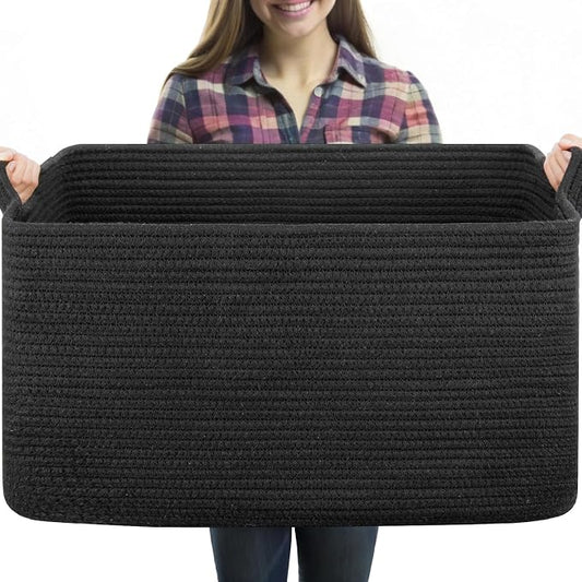 OIASKET 70L Large Blanket Basket, 21.6" x 16.9" x 11.8" Woven Storage Basket for Living Room, Nursery Blanket Storage for Toys, Towels, Dirty Clothes (Black)