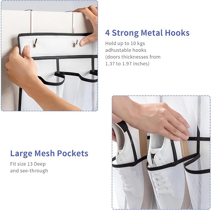 SAVERHO 35 Pockets Over the Door Shoe Organizer, Hanging Shoe Organizer for Door with 35 Mesh Pockets Large Capacity Shoe Hanging Storage Bag with 4 Metal Hooks (White-1Pack)