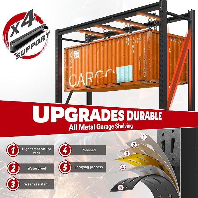 Romorgniz Garage Shelving Heavy Duty, 5000LBS Steel Rack for Garage, Shop | 4‑tier industrial solid steel shelf. Rust‑resistant, one‑piece uprights, side braces for stability, 16 supporting ribs