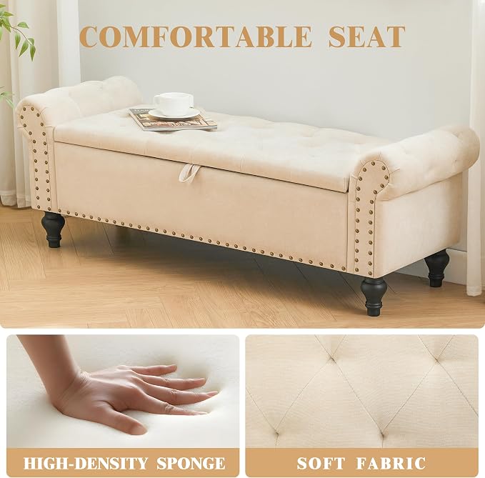 55" Storage Bench for Bedroom, Upholstered Ottoman Bench, Chenille Beige | End of Bed Bench for Bedroom, Window Benches for Living Room, Entryway, Ottoman with Large Storage Space, Pet Friendly