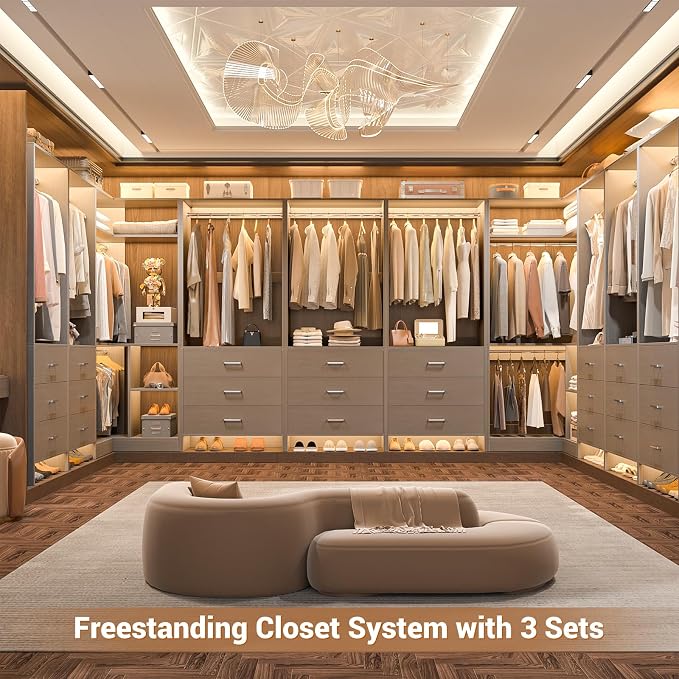Aheaplus Closet System with 3 Drawers, 2 Hanging Rods & Corner Tower, Corner Closet System with Hanging, L-Shaped Walk-In Wardrobe Organizer, 1300+ lbs Capacity, Set of 2, Grey