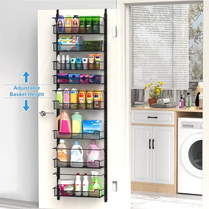 VyGrow Over the Door Pantry Organizer, 8-Tier Over the Door Organizer with Adjustable Basket, Pantry Door Organization for Pantry Kitchen Storage Room Spice Rack, Black