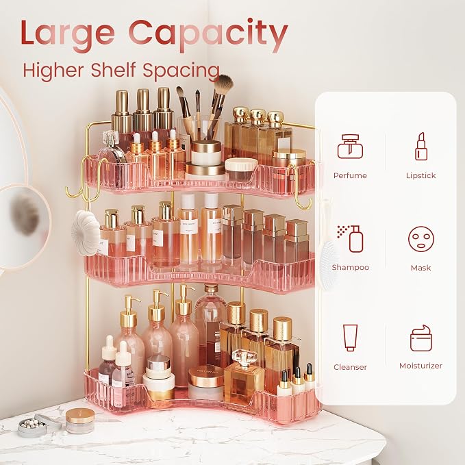 Corner Bathroom Counter Organizer 3-Tier Bathroom Organizer | Storage Countertop with Hooks Perfume Organizers Storage Shelf for Makeup & Skincare Dresser-Pink