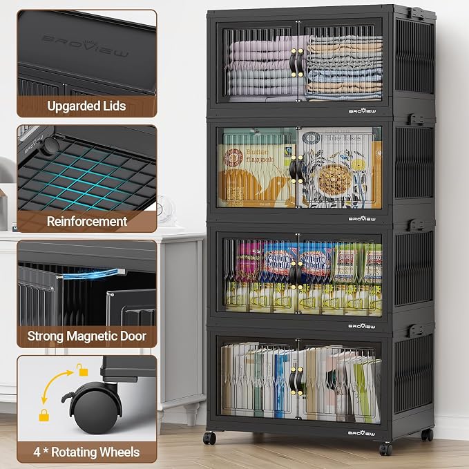BROVIEW 480 Qt Stackable Storage Bins with Lids, Plastic Closet Organizers and Storage Drawer, Collapsible Storage Box with Wheels, Folding Storage Cabinet for Closet Clothes Organization, 4Pack Black