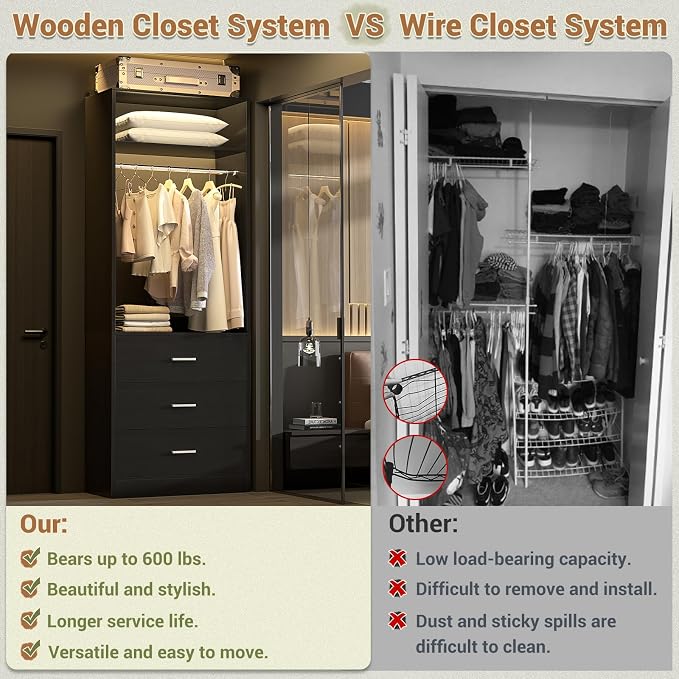 Besiost Closet System Set of 2, 4FT Closet Systems with 6 Wood Drawers, 48" Closet Organizer System with 2 Hanging Rods & 2 Shelves, Heavy Duty 48 Inch Walk-in Closet, Black (48"L x 15" W x 80" H)