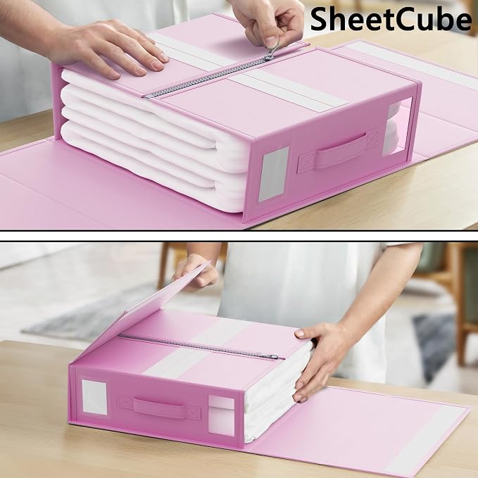 SUOCO SheetCube Bed Sheet Organizers and Storage 4 Pack, Foldable Linen Closet Organizer with Window and Label, Bedding Folder Storage Box Container for Blanket, Duvet Cover Set, Bed Sheet Set - Pink
