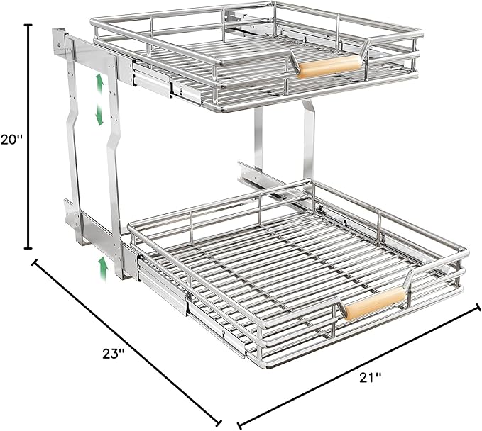 Pull out Cabinet Organizer, 2 Tiers 23"W X 21"D, Heavy Duty Smooth Sliding Under Cabinet Shelves for Pots and Pans, Full-Extension Roll out Drawers, Slide out Organization for Home Kitchen Pantry