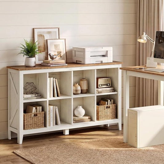 VASAGLE Liry Collection Farmhouse Bookcase, 8-Cube Storage Organizer with Legs, Adjustable Shelves, 50.2 x 11.6 x 29.8 inch, for Home Office, Living Room, Cloud White and Warm Brown ULBC138W101S