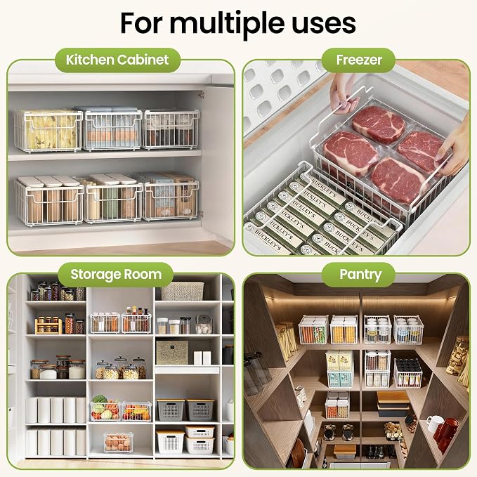 Freezer Organizer Bins, 3 Pack Enlarged Baskets for 5-9 Cu.FT Deep Freezer | Stackable Chest Freezer Organizer Bins, Foldable with Handles, White Storage Container Baskets for Sort Frozen Meats