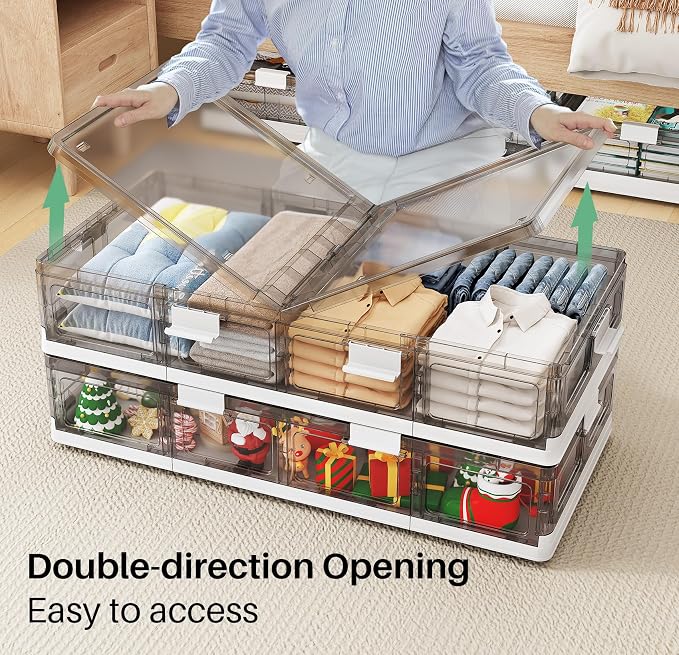 Kitstorack Plastic Under Bed Storage Containers,2 Pack Underbed Storage with Wheels,Foldable and Stackable Under Bed Organizer,Moisture and Dust-proof Storage Boxes for Clothes Shoes,13.6 Gal