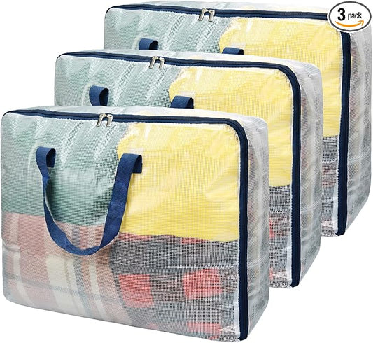 Ineetatu Clear Storage Bags with Zipper, 75L Extra Large Capacity - Closet, Underbed Storage Organizer for Clothes, Bedding, Comforter, Toys, Pillow & Blanket, 3 Pack