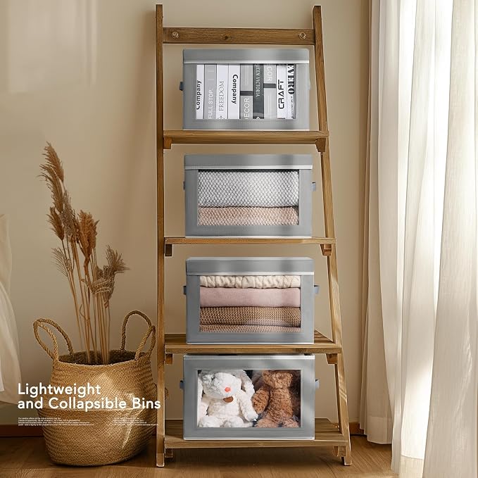 Large Storage Baskets with Lids - Stackable Cube Bins for Closet, 6 Pack Grey Windows Organizer Bins, Home Organizers and Storage for Clothes, CD, Towels