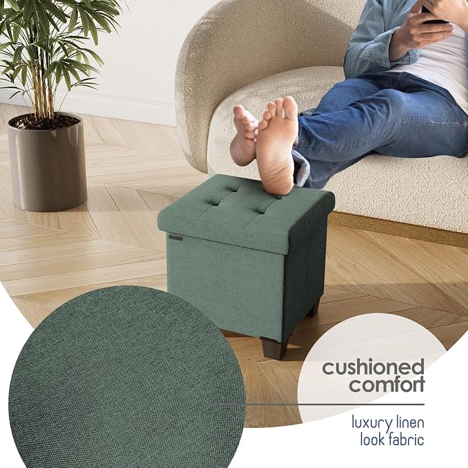 Storage Ottoman Cube with Small Bin, 15-in Square Ottoman with Storage for Living Room and Bedroom, Small Ottomans Foot Rest, Fabric Foot Stools Ottomans Max 330lbs, Green