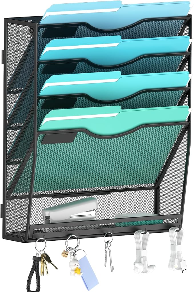 Gawerk 5-Tier Wall File Organizer Hanging Wall File Holder Wall Mount Paper Folder Organize, Mesh Magazine Document Mail Organizer for Office School Home, Black