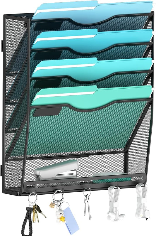 Gawerk 5-Tier Wall File Organizer Hanging Wall File Holder Wall Mount Paper Folder Organize, Mesh Magazine Document Mail Organizer for Office School Home, Black