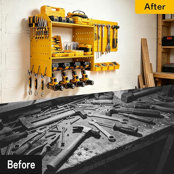 Power Tool Organizer Wall Mount, Garage Drill Storage Shelf with Hooks, Heavy Duty Metal Premium Garage Tool Shelf,Cordless Tool Storage Rack for Garage, Tool Room,Yellow