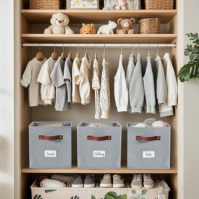 DECOMOMO Storage Bins, Cube Storage Bin with Labels | 10.5" x 11" Fabric Storage Cubes for Shelves (6pcs, Grey)