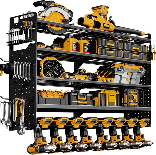 Large 5-Tier Power Tool Organizer Wall Mount, 320lbs Load Capacity Garage Storage Rack with 8 Drill Holders, 34" Heavy Duty Metal Utility Shelf, Holds Over 30 Tools for Garage Workshop