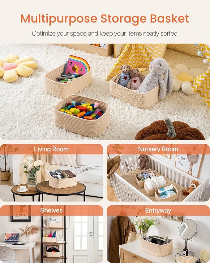 KALLAX Small Woven Storage Basket for Organizing, 12 x 8 x 4.5 inch, 3 Pack | Shelf baskets for closet organization, toy storage and home decor, Perfect as empty gift baskets for holidays, Beige