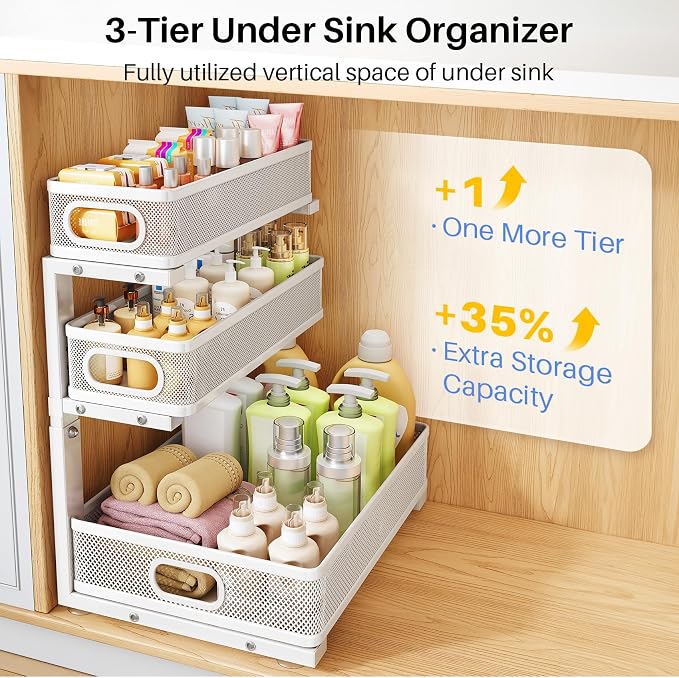 Under Sink Organizer, 3-Tier Thickened Metal Pull out Cabinet Organizer Shelf, Height Adjustable Slide out Storage Drawer Rack for Kitchen Bathroom Pantry Laundry Home Organization, 1-Pack, White | 35% Extra Storage Capacity, Carbon Steel, Hold Up 55lb...