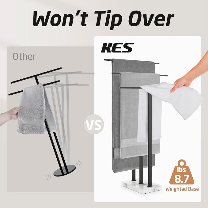 KES Standing Towel Rack with Marble Base, 3-Tier, Matte Black, 36-Inch | 18/8 Stainless Steel, 8.23 Lbs Weighted Base, Anti-Slip Pads, No Drilling Assembly, Freestanding Holder For Bathroom