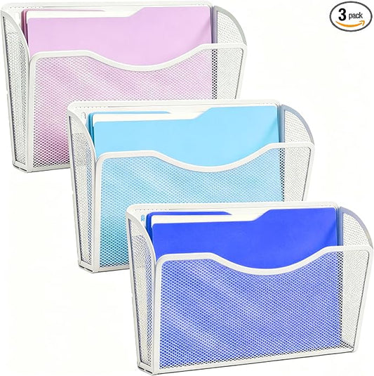 Gawerk Mesh Hanging Wall File Holders, Metal Vertical Wall Basket Mail Organizer for Office/Home (White, 3 Pack Wall Mounted)