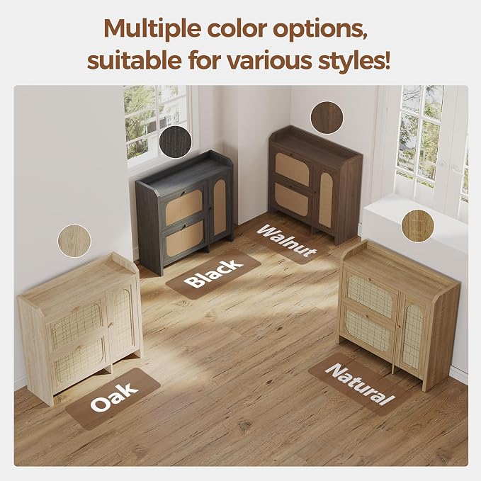 Shoe Cabinet Storage for Entryway with 2 Flip Drawers(3-Tier), Rattan Freestanding with Door & 3 Adjustable Shelve,Hidden Shoe Rack Organizer for Hallway, Foyer