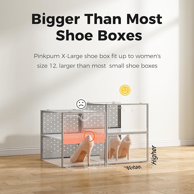 12 Pack X-Large Shoe Storage Boxes, Shoe Organizer Clear Stackable | Fit US Size 11, 6.2” Height, Shoe Dispaly Case Holder Bins Sneaker Storage for Sneakerheads, For Home and Family, Grey