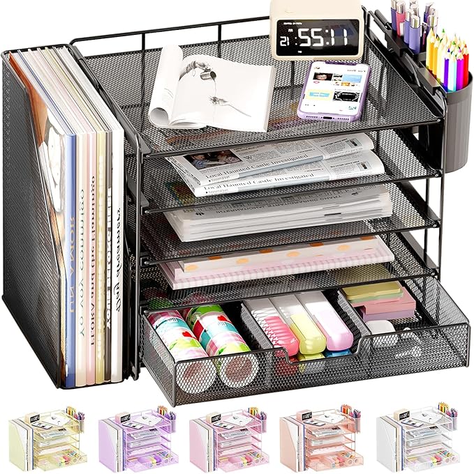 OPNICE Desk Organizer, 5-Tier Desktop File Organizer with Drawer and Pen Holders, Office Desk Accessories, File Sorters, Workspace Organizers for Office Supplies(Black)