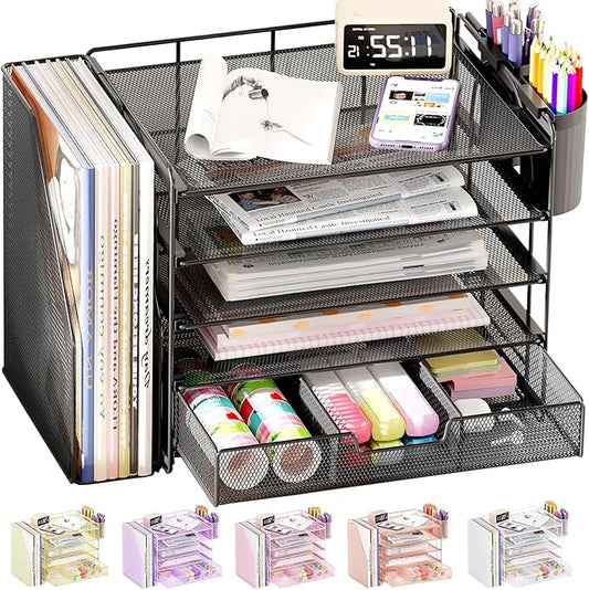 OPNICE Desk Organizer, 5-Tier Desktop File Organizer with Drawer and Pen Holders, Office Desk Accessories, File Sorters, Workspace Organizers for Office Supplies(Black)