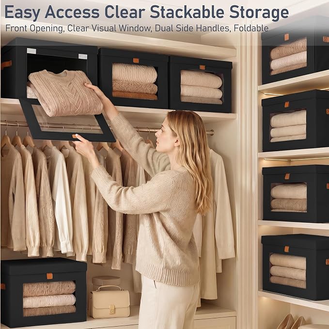 DIMJ Storage Bins with Lids - 4 Pack Front Opening Stackable Fabric Storage Boxes with Clear Window & Handles, Collapsible Closet Organizers for Clothes, Sweaters, Shelf Storage, Bedroom, Black