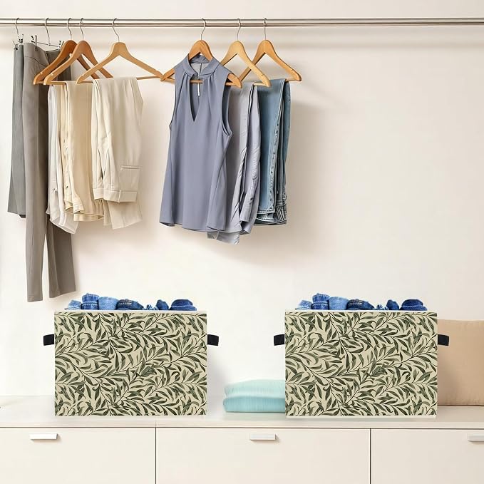 Green Willow Plant Storage Box Bins, Vintage Rustic Botanical Collapsible Storage Basket Organizer for Bedroom Laundry Room Home Clothes Books, Decor for Room