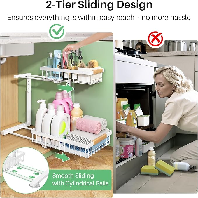Kitstorack Under Sink Organizer, 2 Tier Under the Sink Storage, Slide out Pull out Cabinet Organizer Shelf, Metal Sliding Drawer for Kitchen Bathroom Pantry Closet Organization Rack, White, 1 Pack