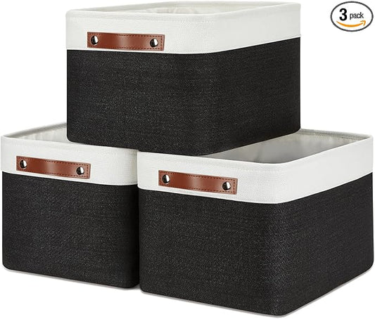 DULLEMELO Canvas Storage Bin with Handles, Fabric Bins for Shelves, Bedroom, Office,Nursery,Fabric Storage Baskets for Toys, Clothes,Gift(3-Pack Medium-15 inch X 11 inch X 9.5 inch , White&Black)