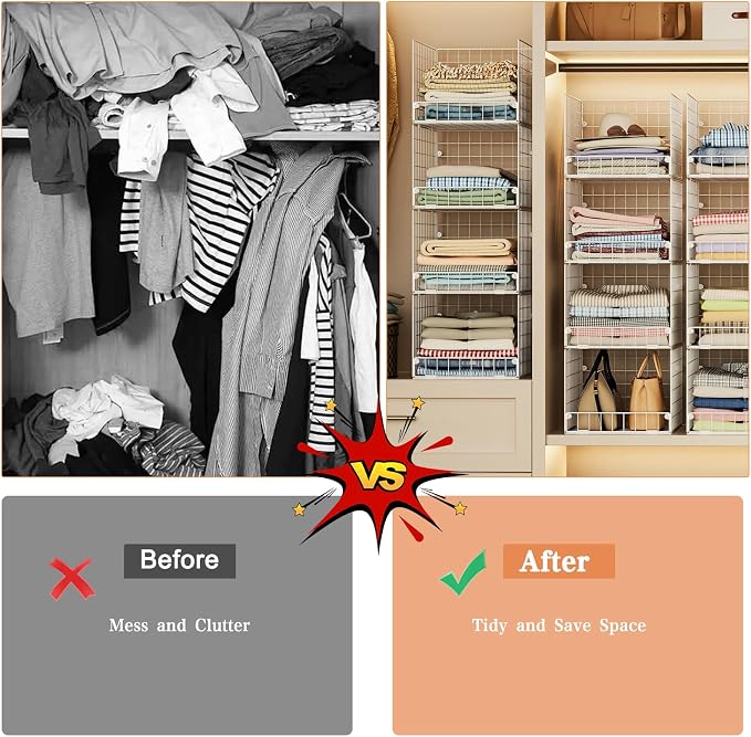 5-Tier Stackable Closet Storage Shelves, Closet Organizers and Storage Basket, Foldable & Stackable Closet Organizers for Closet System, Space-Saving Closet Shelf for Home ,White(Patent No. 30022416)