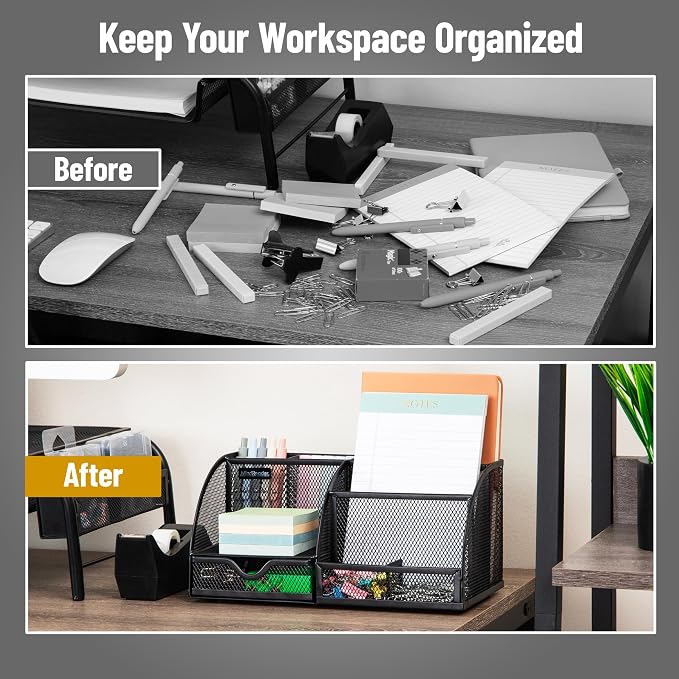 Mind Reader 7-Compartment Desktop Organizer, Metal Mesh Desk Organizer for Pens, Sticky Notes, Mail and Office Supplies, Black