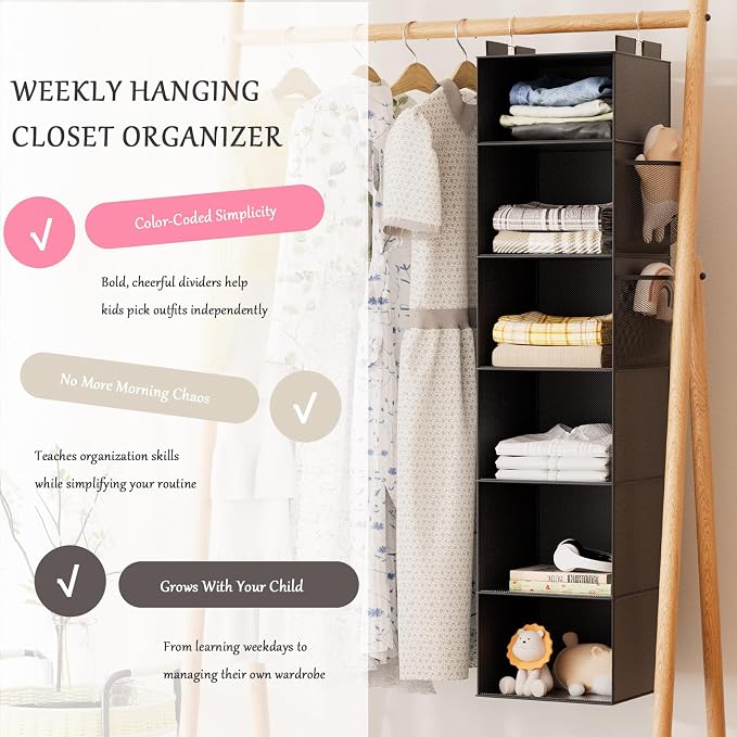 Hanging Closet Organizer and Storage with Bamboo Support, 6-Shelf Closet Hanging Storage Shelves, Closet Organizers Easy Mount Foldable for Bedroom(Black)