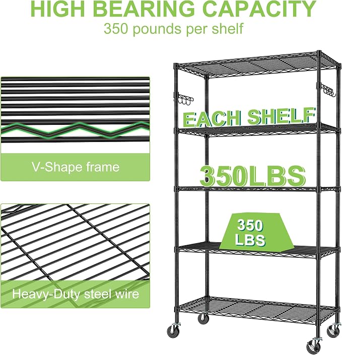 5 Tier Wire Metal Shelving Rack Garage Storage Rolling Shelves with Wheels | Heavy Duty Adjustable Industrial Shelve Steel Sturdy Utility Shelving for Kitchen Garage Pantry Bathroom Laundry