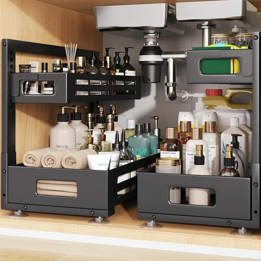 2 Pack 19IN-Depth Under Sink Organizer,Pull Out Cabinet Organizer With Smooth Cylindrical Rail,Metal Slide Out Drawer for Kitchen Bathroom Laundry,8-Level Tool Free Height Adjustable-Black