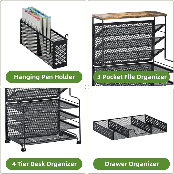Ekisemio 8 Tier Desk File Organizer with Sliding Drawer, Desktop Organizers and Accessories, Letter Size File Organizer for Desk, Black